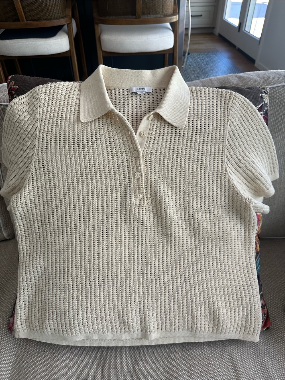 REISS Neutral Cream Knit Polo Top
